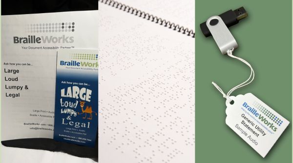 Examples of large print, braille, and USB drive with audio