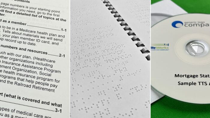Collage of large print, braille, and audio CD