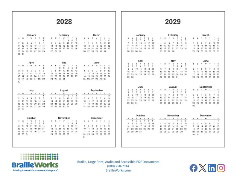 2027 back cover with 2028 and 2029 calendars
