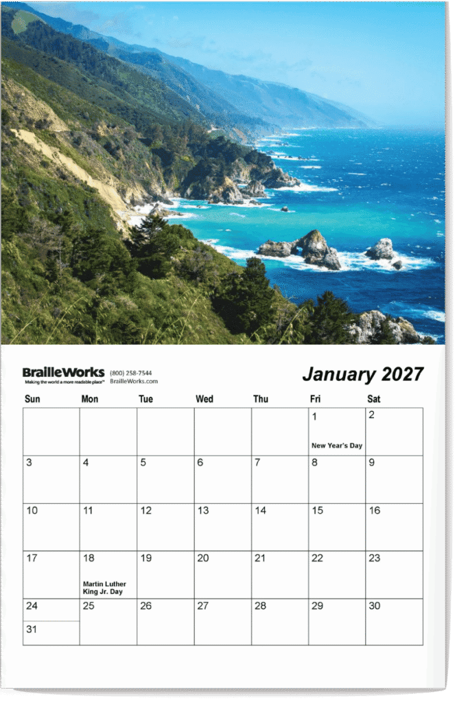 Open January 2027 page with a scenic mountain and ocean view and the large print calendar