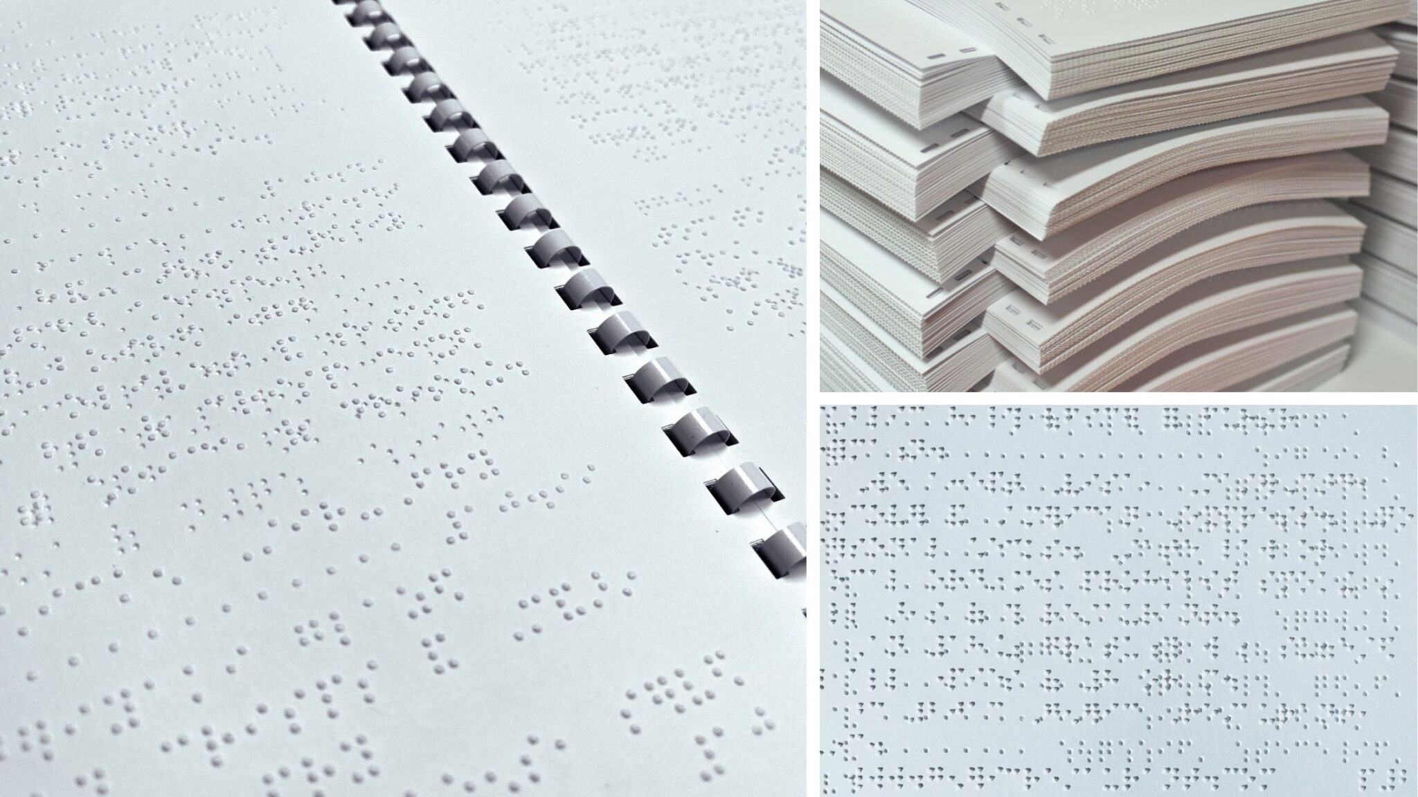 collage our GBC comb bound braille, a stack of braille, and close up of a braille page