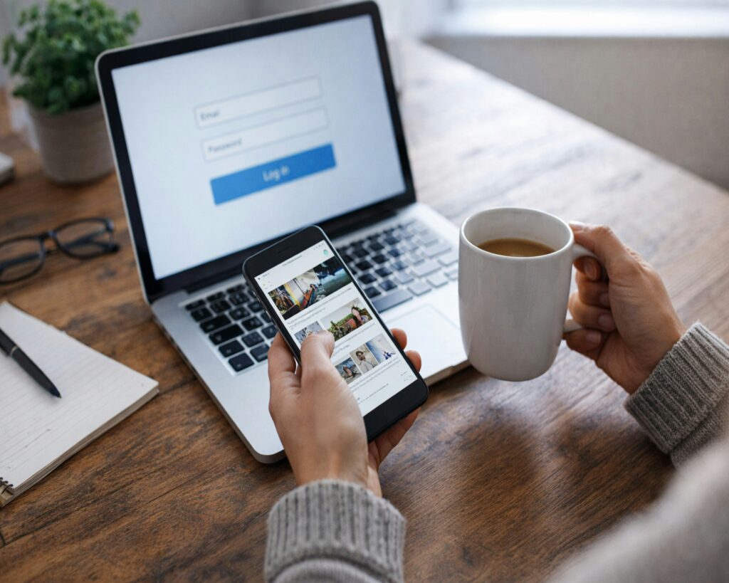 Person holding a smartphone and cup of coffee while sitting at a desk with an open laptop