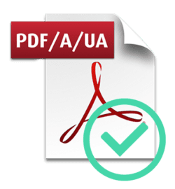 Adobe Acrobat icon with "PDF/A/UA" text and a circled check mark showing it's an accessible PDF